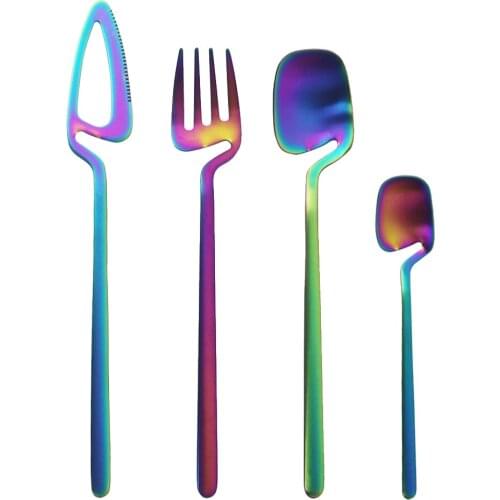 4Pcs/Set Rainbow Cutlery Set Stainless Steel Tableware Set Knife Fork Coffee Spoon Dinnerware Set Baby Kids Kitchen Flatware Set