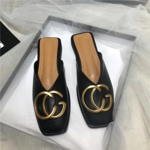 2021 New Brand Women Loafers Slipper Square Toe Slip On Mules Shoes Fashion Gold Buckle Luxe Designer Low Heel Ladies Slides