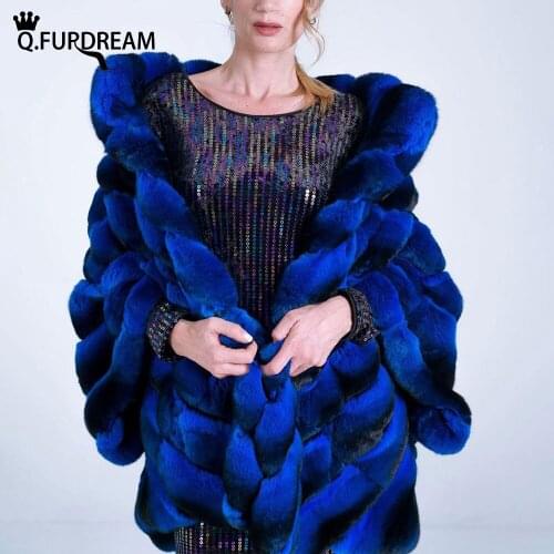 Q.FURDREAM New Real Rex Rabbit Fur Shawl Length 70cm Batwing Sleeves Elegance Fashion Autumn Winter Warm Cross Stripe Coat