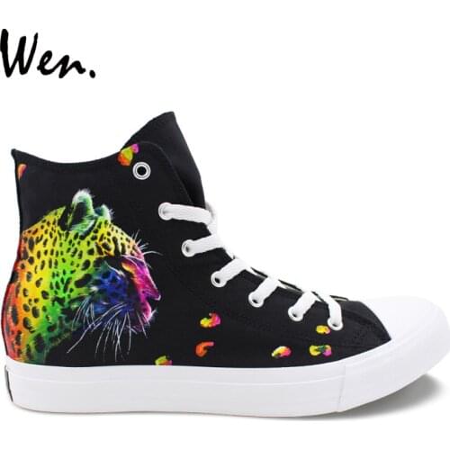 Wen Hand Painted Shoes Colorful Leopard Pattern High Top Canvas Shoes Unisex Designs Classic Black Skateboard Sneakers