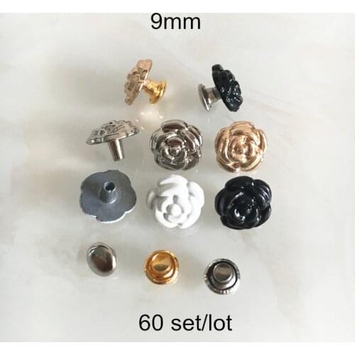 60 Set Rose Rivet Studs 9mm Zinc Alloy DIY Rivets For Leather Arts,Handmade Crafts,Jeans,Belt...gold,silver,black,white color