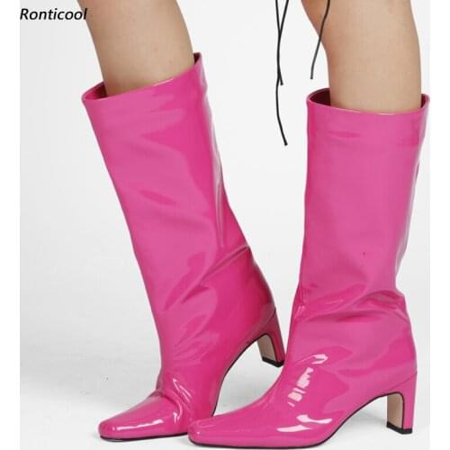 Ronticool New Women Winter Mid Calf Boots Patent Leather Slip On Block Heel Square Toe Fuchsia Party Shoes Plus US Size 35-45
