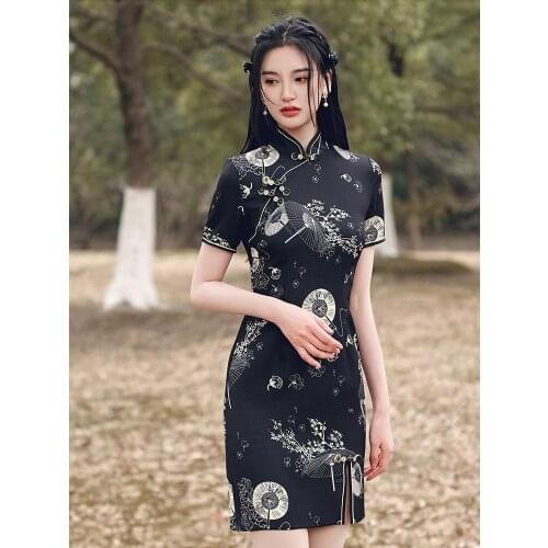 Women Black Cheongsam Vintage Dress Chinese Style Short Qipao