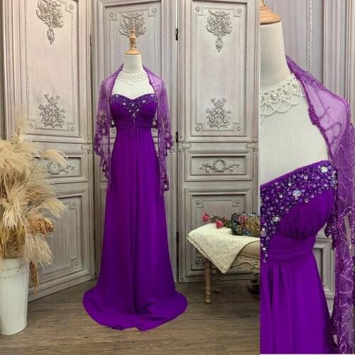 2021 Purple Evening Dress A Line Crystal Beads Chffion Floor Length Formal Evening Gown for Women