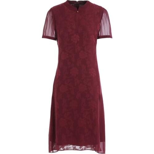 Gowani Short Sleeve Silk Dress with Jacquard Flower Chinese Dress