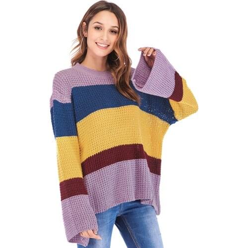 Winter Women Oversized Knitted Sweater Boho Striped O-Neck Drop Shoulder Long Bell Sleeves Loose Pullover Casual Jumper Tops
