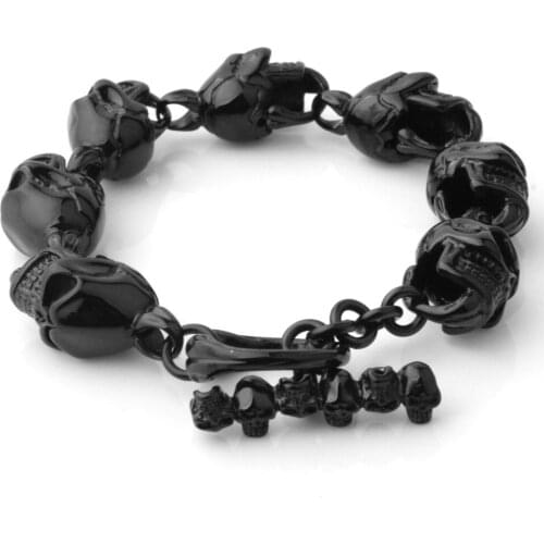 High Quality Sporty Stainless Steel Black Color Skull Skeleton Link Chain Bracelet Mens Boys Biker Wristband Jewelry Xmas Gift