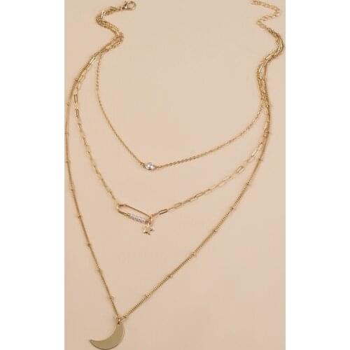 Minar Fashion Gold Color Safety Pin Pendant Necklaces for Women Simulated Pearl Metal Moon Linked Chain Choker Necklace Gifts