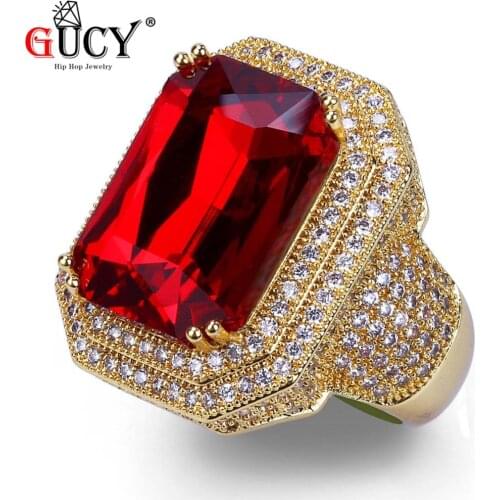 GUCY Micro Pave CZ Ring All Iced Out Red Rhinestone Rings For Men Gold Color Fashion Hip Hop Luxury Ring Jewelry Gift