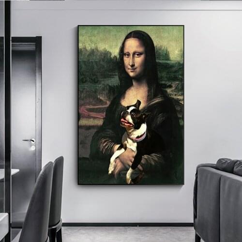 Famous oil painting Mona Lisas smile and funny dog canvas painting retro prints and posters Living room decoration wall picture