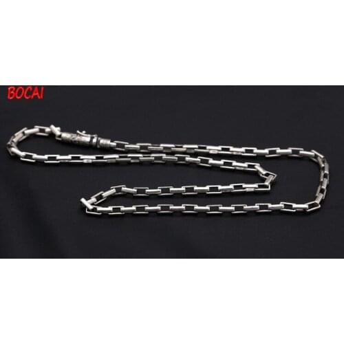 Real S925 Sterling Thai Silver Silver Checkered Chain Daming Mantra Ring Clasp Retro Mens Box Chain 5mm Coarse Ore Necklace