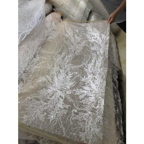 Beautiful tulle embroidery french net lace fabric with beads and sequins SYJ-59885 for party dress
