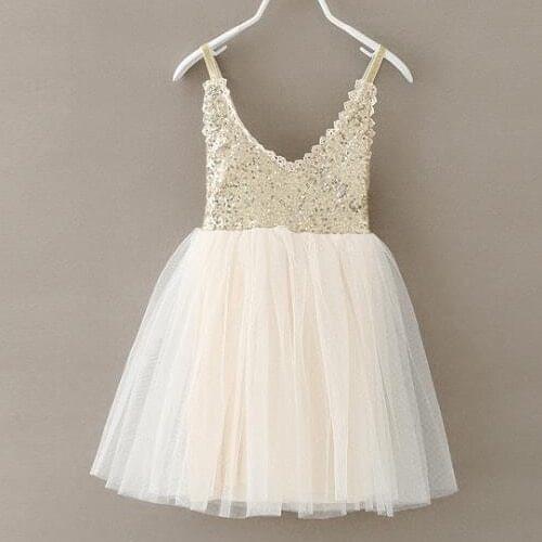 Lovely Girls Silver Sequin Tutu Dress Kids V-neck Beige Glitter Bling Lace Strap Chiffon Dress Children Wedding Party Dress 1-7Y