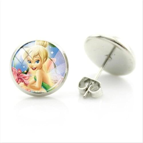Disney Tinkerbell Princess Earrings Fashion Simple Style Princess Picture Stud Earrings Glass Cabochon Jewelry Gifts For Women
