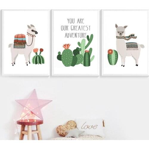 Cartoon Plant Cactus and Alpaca Canvas Painting Wall Art Nordic Posters and Prints Wall Pictures for Living Room Decoration