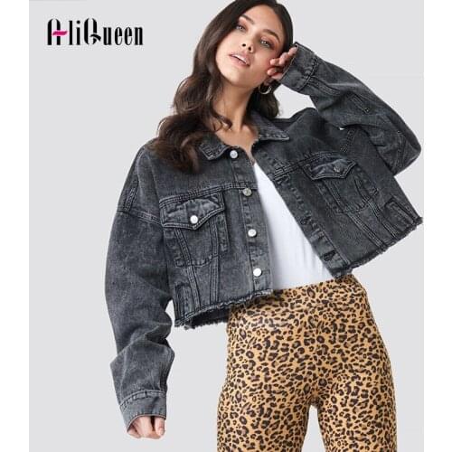 Autumn Black Oversized Cropped Denim Jackets Hip Hop Boyfriend Moto Biker Jeans Jacket Women Vintage Casual Loose Short Coats