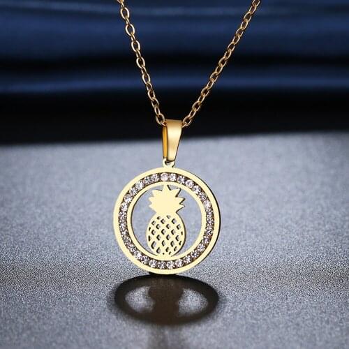 CACANA 316L Stainless Steel Fruit pineapple Necklace NEW Crystal Rhinestone Necklaces For Women Wedding Valentines Day Gifts