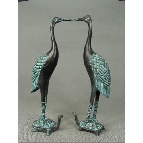 Pair of Chinese Hand Carved red-crowned crane & Tortoise Bronze Statue
