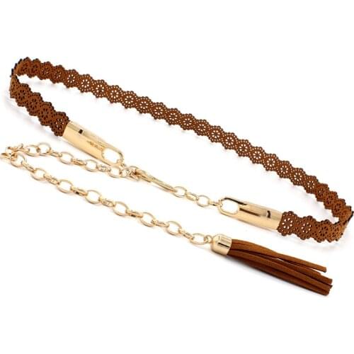 Hollow Lace Thin Belts for Women Dress Metal Chain Trendy Ladies Casual Slim Strap PU Waist Belt With Tassels