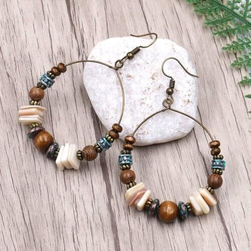 Antique Vintage Bohemia Earring Wooden Shell Crystal Beads Circle Dangle Drop Earrings for Women