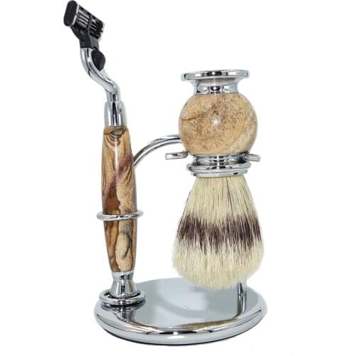 WLONG Soft Boar Hair Bristle Shaving Brush with Natural Stone Handles and Germany Original Mach 3 Safety Razor Blade