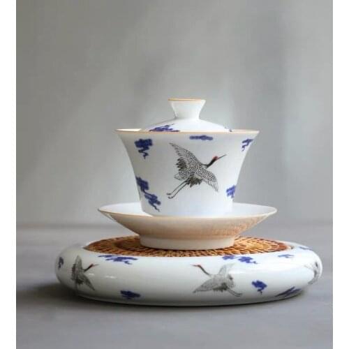 Blue and White Porcelain Gaiwan Ceramic Hand Painted Crane Tea Tureen Kettle Kung Fu Drinkware Handmade Tea Bowl with Cover