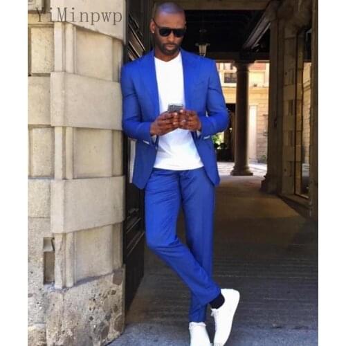 YiMinpwp Blue Mens Suit Peaked Lapel One Button Prom Suits Big and Tall Blazer Jacket Men Tuxedos Groom Wedding Suits Coat+Pant