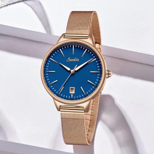 SUNKTA Women Stainless Steel Mesh Belt Watch Independent date window Waterproof Watches Lady Business Analog Watches Blue Dial
