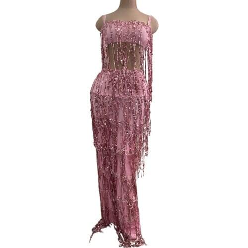 Sparkling Pink Sequin Tassel Party Dress Women Spaghetti Strap Prom Fringes Long Dress Nightclub Singer Dancer Stage Costumes