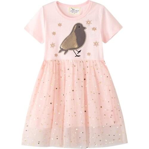 Princess Party Tutu Dresses With Beading Bird Cute Baby Mesh Clothes Short Sleeve Kids Frocks Toddler Dress