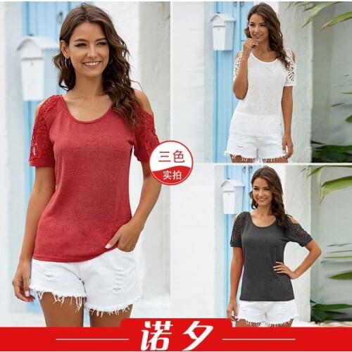 T Shirts Women 2021 AliExpress European Popular Neck Crochet Hollow Solid Color Short Sleeve T-shirt Tshirt Tops Women LX1535