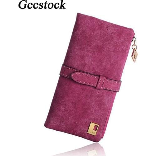 Geestock Women Wallets Long Purse Two Fold Women Wallets Drawstring Nubuck Leather Zipper Suede Womens Long Design Purs