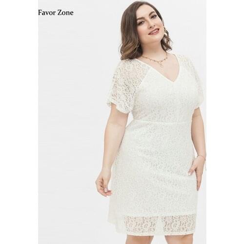 Plus Size Formal Office Lady Dress Summer 2021 White Elegant Lace Short Sleeve Straight Sexy Midi Party Dresses For Women Plump