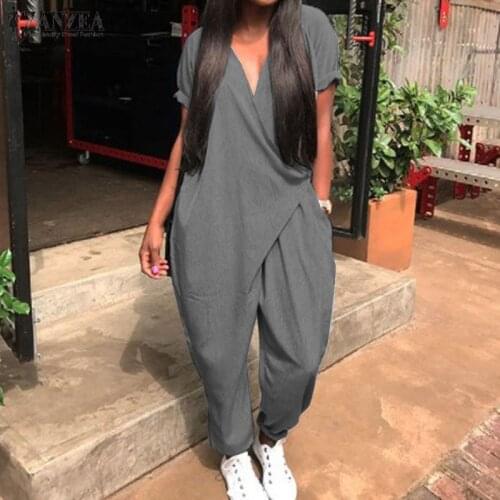 2021 Fashion Summer Rompers ZANZEA Women Jumpsuits Casual Loose V Neck Short Sleeve Overalls Harem Pants Solid Long Playsuits 7