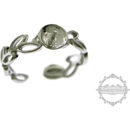 6mm round half drilled beads pearl flower leaf 925 sterling silver adjustable ring settings DIY supplies findings 1212042