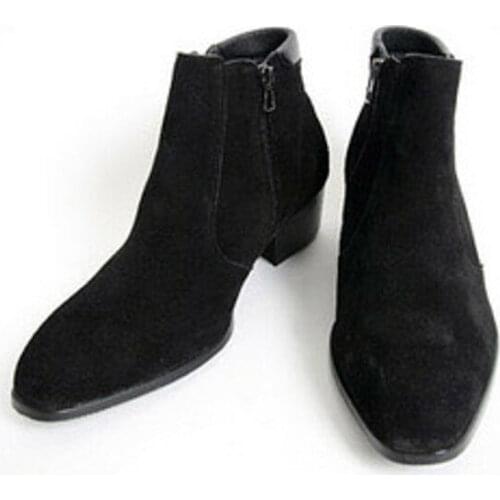 Mens Cuban British High Top Heel Zip Suede Point Toe Shoes Casual Chelsea Boots New Style Mens Pointed Martin Boots