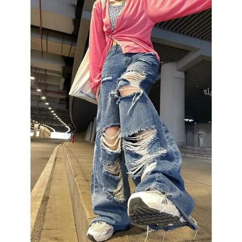 Spring and Autumn High Waist Ripped Straight Jeans Womens Faux Old High Waist Loose Dragging Wide Leg Trousers