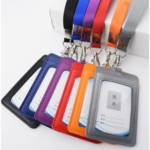 PU Leather Company Employees Staff ID Tag Cover Case Work Card Holder Bus Card Sleeve with Lanyard Identity Badge Card Case