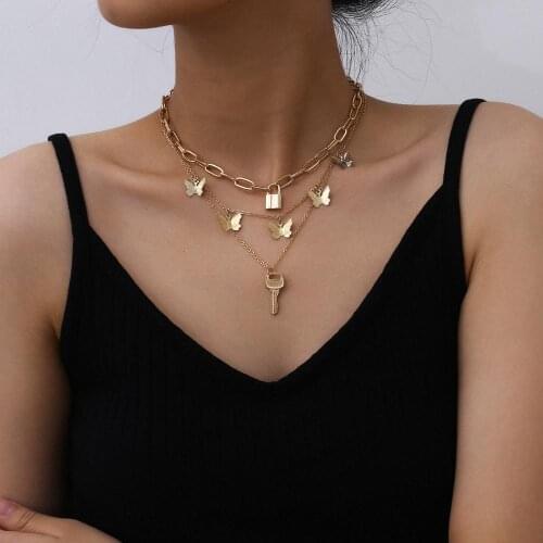 Multi-layer Golden Boho Animal Butterfly Lock Key Pendant Necklace Women Charm Clavicle Chain Fashion Female Party Jewelry Gift