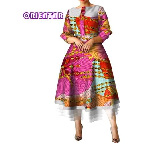 Autumn Women Ankara Dress with White Lace African Wax Print High Waist A-line Long Sleeve Ladies African Dresses WY5394