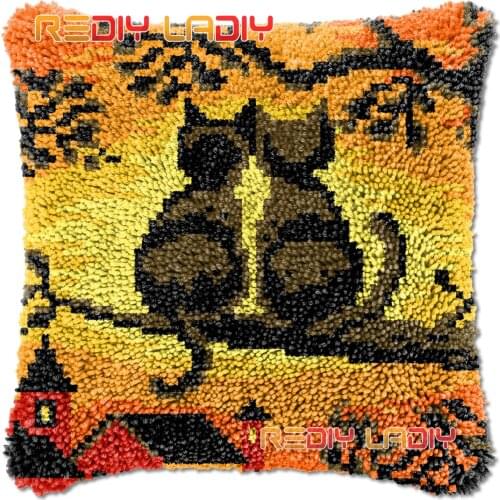 Latch Hook Cushion Cover Cats On a Branch Needlepoint Kits Chunky Acrylic Yarn Crocheting Pillow Case Arts & Crafts