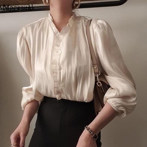 New Spring Loose Ruffle Splicing Tops 2021 Long Sleeve Chiffon Women Shirt Stand Collar Female Pleated Solid Blouse Blusas 13927