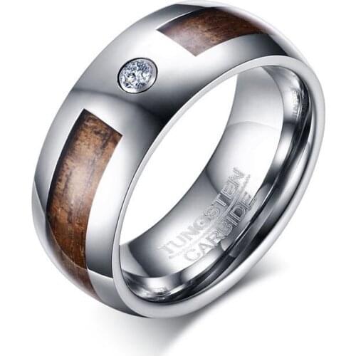8mm Wood Tungsten Carbide Engagement Ring High Polished Men's Wedding Bands with Cubic Zirconia Jewelry