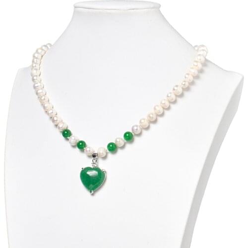 Wholesale 22x23x9mm Dark Emerald Green Heart Shape Pendant with 8-9mm Natural White Pearls For Women Necklace jewel 8inch H504