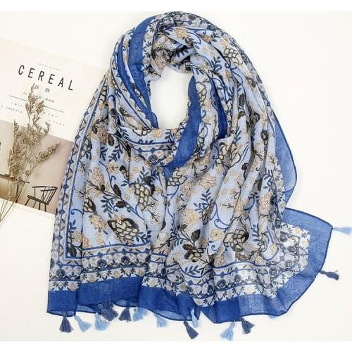 Laven Autumn Winter Fashion Ethnic Floral Tassel Cotton Shawl Scarf From Indian Women Print Warm Hijab Wrap Muslim Sjaal Bandana