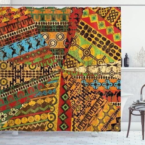 Patchwork Africa Shower Curtain Set Colorful Jumble Ethnic Art Curtain for Bathroom Decor 12 Hooks Decorative Bath Accessory