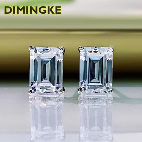 DIMINGKE S925 Sterling Silver 4*6MM Super Flash Rectangle High Carbon Diamond Stud Earrings Woman Wedding Party Birthday Gift