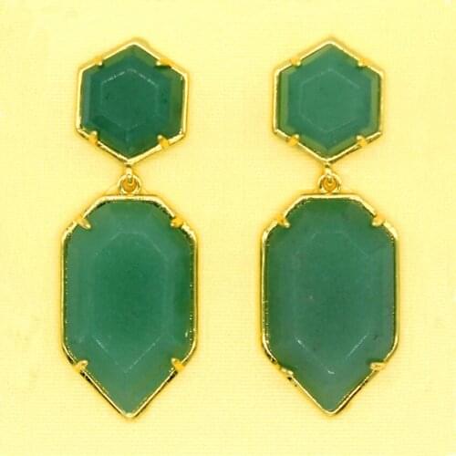 Trendy-beads Luxury Light Yellow Gold Color Layer Polygon Shape Dangle Earrings Natural Green Aventurine Jewelry