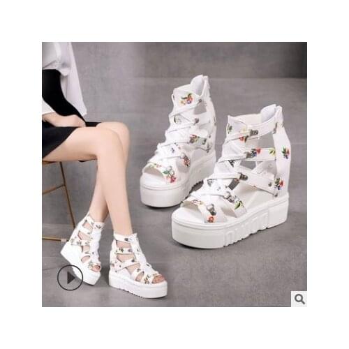 Hot Sale Women Summer Sandals Floral Print Wedges Heels Corss-tied Height Increasing Fashion Causal Shoes Ladies Whosale35-42