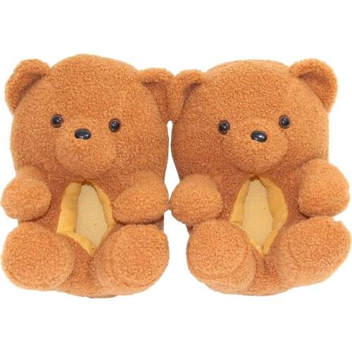 Women Home Indoor Soft anti-slip Faux Fur Cute Slippers Winter Warm Shoes Cartoon Plush Teddy Bear Slippers